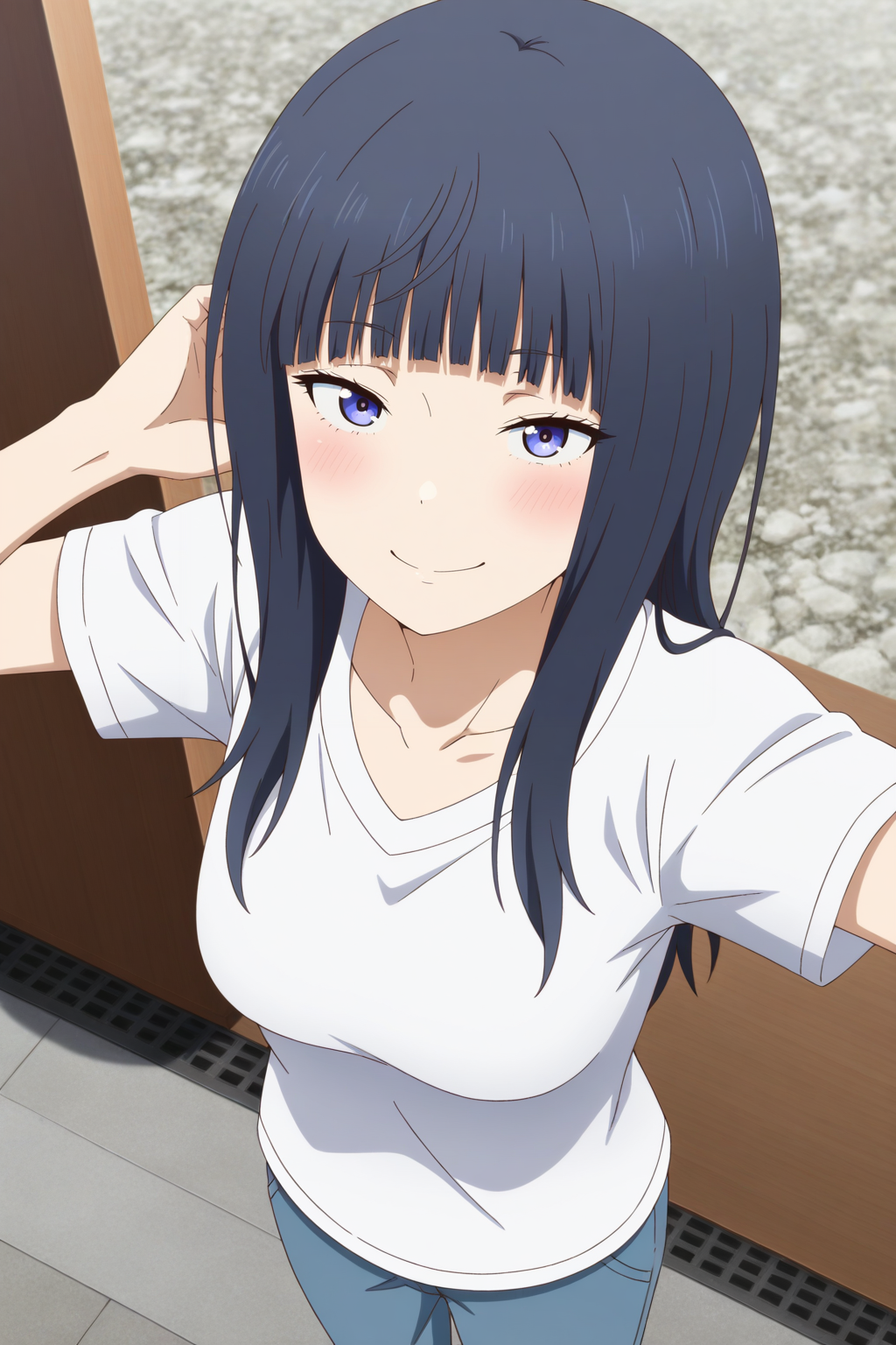 masterpiece, best quality, amazing quality, very aesthetic, absurdres, ultra detailed,
<lora:il_contrast_slider_d1 (Ð¦ÐÐÐ¢ ÐÐÐ Ð¢ÐÐÐÐ):-0.8>
 <lora:Riri Tenkuubashi:0.8> riri_tenkuubashi, 1girl,
white T-shirt, blue pants,
portrait, smile,
view from above, body is visible, medium breasts are visible from under the shirt,,