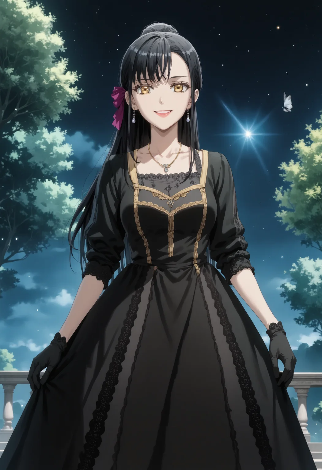 score_9,score_8_up,score_7_up,score_6_up,detailed,1girl,solo,source_anime,highres,4k,
WilliamsAlicia<lora:WilliamsAlicia>,(black hair),long hair,golden eyes,jewelry,necklace,ribbon,hair ribbon,williamsalicia,alicia,Villainess,smile,updo,looking at viewer,medium breasts,summer breeze,half open eyes,forest,night,moonshine,An oil-painting of a close-up portrait of a woman,gazing slightly upwards with a serene,ethereal expression. She wears lipstick,enhancing her fair,porcelain-like skin,black dress,updo,fullbody,gloves,outside,park,highheels,black gloves,long sleeves,from below,from front,long hair,