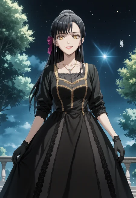 score_9,score_8_up,score_7_up,score_6_up,detailed,1girl,solo,source_anime,highres,4k,
WilliamsAlicia<lora:WilliamsAlicia>,(black hair),long hair,golden eyes,jewelry,necklace,ribbon,hair ribbon,williamsalicia,alicia,Villainess,smile,updo,looking at viewer,medium breasts,summer breeze,half open eyes,forest,night,moonshine,An oil-painting of a close-up portrait of a woman,gazing slightly upwards with a serene,ethereal expression. She wears lipstick,enhancing her fair,porcelain-like skin,black dress,updo,fullbody,gloves,outside,park,highheels,black gloves,long sleeves,from below,from front,long hair,