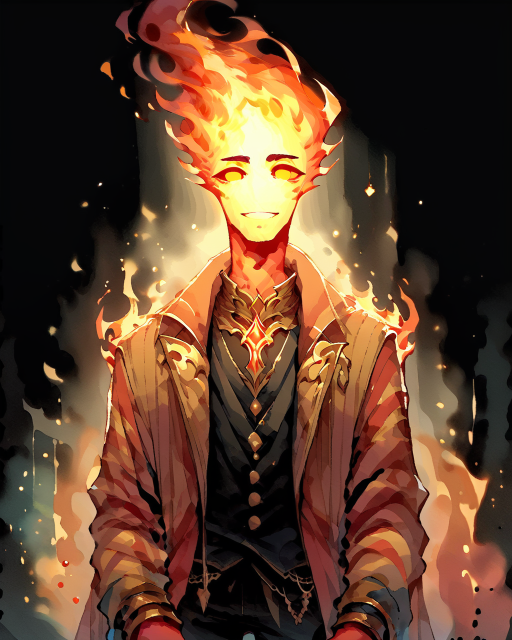 score_9, score_8_up, score_7_up, intricate details, rating_questionable,
<lora:SoftWatercolors:1>, SoftWaterColor, <lora:firehuman:1>, 
1man(firehuman, fiery body, solo, cowboy shot, looking at the viewer, red iris, happy, twink, ), black background, 
<lora:ral-chrosc-clr:0.5>, ral-chrosc-clr,
<lora:Expressive_H:0.5>
<lora:xl_more_art-full_v1:0.3>,
<lora:add-detail-xl:0.3>,