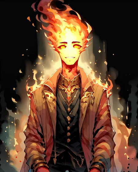 score_9, score_8_up, score_7_up, intricate details, rating_questionable,
<lora:SoftWatercolors:1>, SoftWaterColor, <lora:firehuman:1>, 
1man(firehuman, fiery body, solo, cowboy shot, looking at the viewer, red iris, happy, twink, ), black background, 
<lora:ral-chrosc-clr:0.5>, ral-chrosc-clr,
<lora:Expressive_H:0.5>
<lora:xl_more_art-full_v1:0.3>,
<lora:add-detail-xl:0.3>,