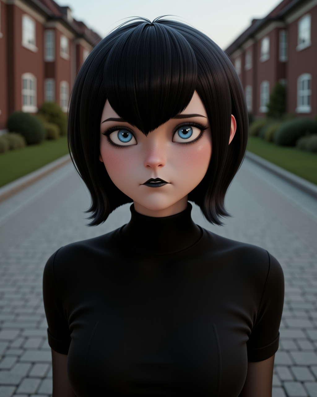 wide shot, looking at viewer, outdoors daylight, 20 year old woman
front view, passport style with upper body and waistline 
 <lora:Hotel_Transilvania_-_Mavis_v2-000030:1> ht-mavisa 20 year old adult woman with blue eyes and black hair.
a playful vampire girl with short black bobbed hair and icy blue eyes, wearing a fitted black turtleneck mini dress with short sleeves,