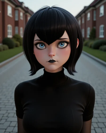 wide shot, looking at viewer, outdoors daylight, 20 year old woman
front view, passport style with upper body and waistline 
 <lora:Hotel_Transilvania_-_Mavis_v2-000030:1> ht-mavisa 20 year old adult woman with blue eyes and black hair.
a playful vampire girl with short black bobbed hair and icy blue eyes, wearing a fitted black turtleneck mini dress with short sleeves,