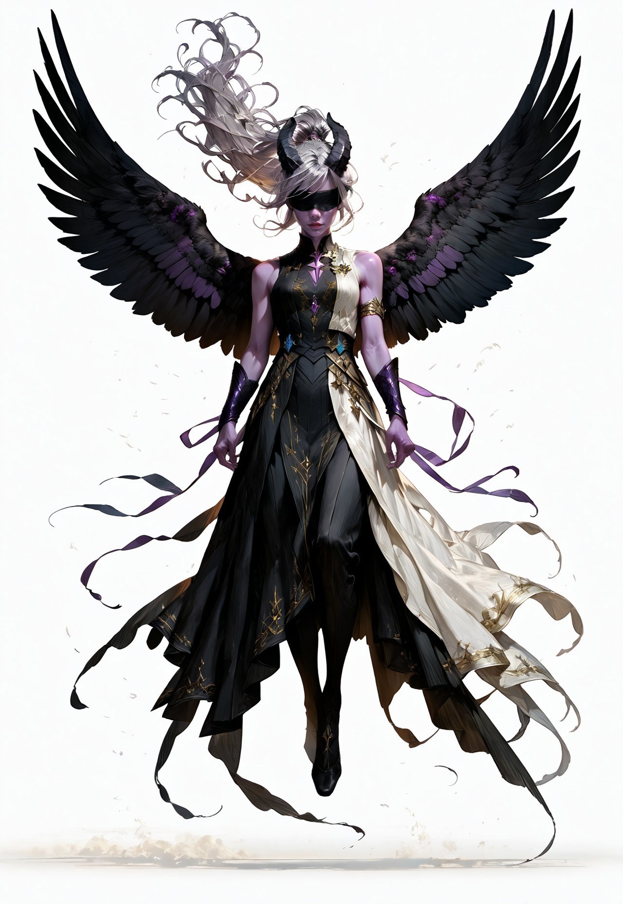 (absurdres, best quality, masterpiece:1.4), 
score_9, score_8_up, score_7_up, score_6_up, 
detailed, 
detailed body, 
detailed face, 
(((smooth skin, unbroken skin, detailed skin))), 
fantasy, 
alone, 

female, 
tiefling, 
h0rns, 
ram horns, 
black horns, 
tall, 
((((purple skin)))), 
((long grey hair, ponytail)), 
(((wingsd, black wings))),

floating, flying, hovering, weightless, 

(white robe, sleeveless, 
blindfold, black cloth blindfold), 

(((white background, plain background))), 
full body, 
front view, 