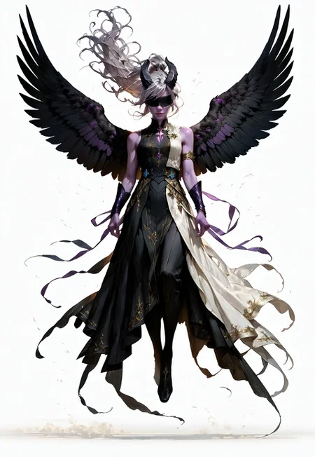 (absurdres, best quality, masterpiece:1.4),
score_9, score_8_up, score_7_up, score_6_up,
detailed,
detailed body,
detailed face,
(((smooth skin, unbroken skin, detailed skin))),
fantasy,
alone,
female,
tiefling,
h0rns,
ram horns,
black horns,
tall,
((((purple skin)))),
((long grey hair, ponytail)),
(((wingsd, black wings))),
floating, flying, hovering, weightless,
(white robe, sleeveless,
blindfold, black cloth blindfold),
(((white background, plain background))),
full body,
front view,