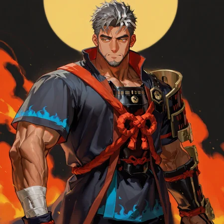 <lora:Creto__Alchemist_Code-000004:.7>, tagatamecreto, 1boy, short hair, grey hair, single stripe hair, yellow eyes, solo, male focus, manly, bara, mature male, muscle body, bandages, knot, coat, short sleeves, armor, dougi, boots, samurai
cowboy shot, 
(very short hair, beard, bara, mature, facial hair, stubble, beard, full beard, sideburn, beard, a lot of beard, ), facial hair,male focus, muscular male, muscular male, bara, mature,  bara, mature, aixiwuganda_(20222192), very awa, masterpiece, best quality, absurdres, newest, perfect quality, detailed background, intricate details,
<lora:slider_Body Type_alpha1.0_rank4_noxattn_last:3><lora:Anime Summer Days 2 Style SDXL_LoRA_Pony Diffusion V6 XL:.6><lora:slider_cfg_scale_boost:.7><lora:Artist6p:.55>, Artist6p, Artist04p,<lora:slider_il_brightness_slider_d1:-1><lora:slider_il_contrast_slider_d1:-1><lora:slider_DarkSlider1.2_alpha1.0_rank16_full_300steps:-.6>