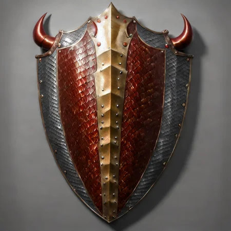 Steel, red-gold dragon scales knight shield with horns, gray background