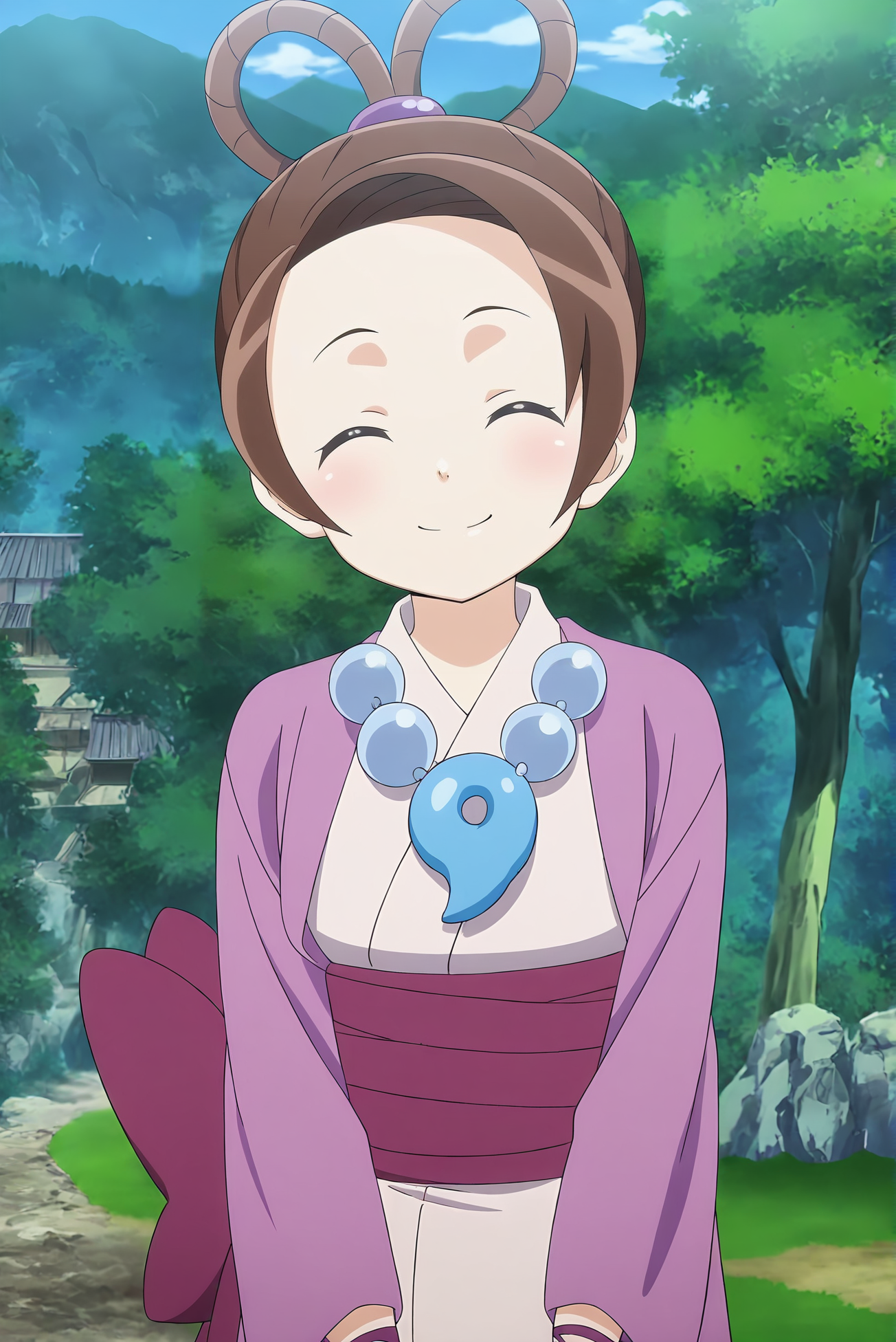 anime screencap,anime coloring,detailed face,masterpiece,best quality,very aesthetic,absurdres,amazing quality,ultra detailed,highres,amazing quality,scenery,beautiful detailed hair,beautiful detailed eyes,official anime artwork,<lora:Pearl Fey-IL V1:1>,Pearl Fey,1girl,japanese clothes,magatama,brown hair,necklace,kimono,jewelry,solo,hair rings,looking at viewer,smile,^ ^,