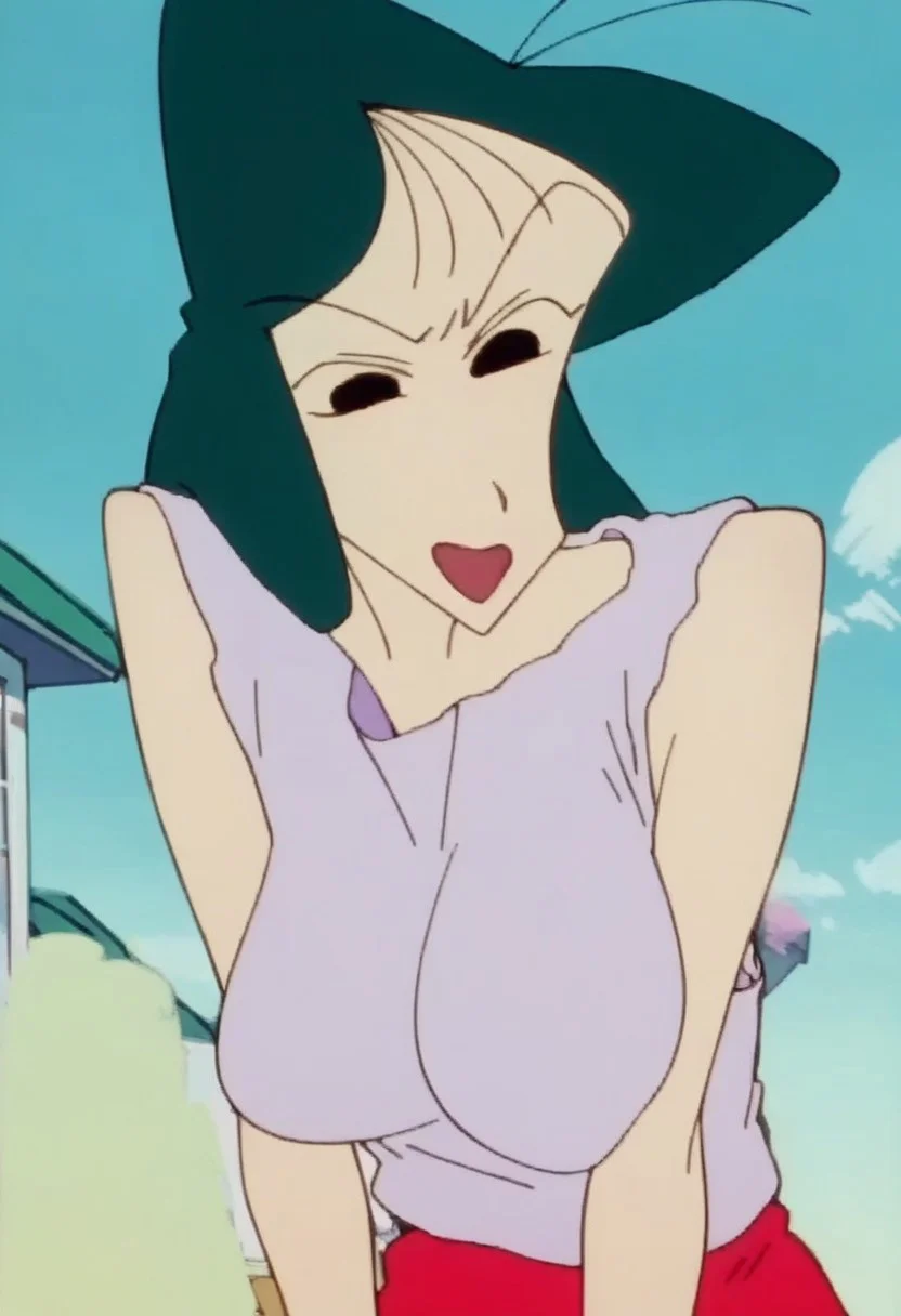 score_9, score_8_up, score_7_up, source_anime, anime screencap, 1girl, solo, matsuzaka ume, green hair, blackeye, large breasts,