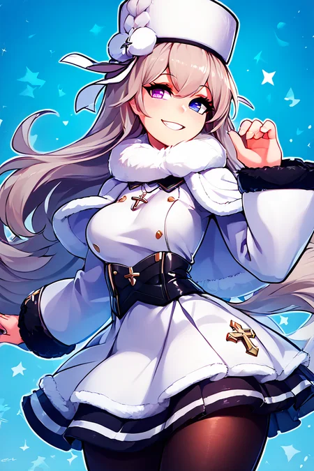 score_9, score_8_up, score_8, medium breasts, (curvy), cute, eyelashes, ,,, , ,,, zzMurmansk, long hair, purple eyes, heterochromia, blue eyes, bangs, grey hair, hat, white headwear, cross necklace, fur-trimmed dress, white dress, papakha, black pantyhose, long sleeves, black belt, white coat, capelet, winter coat, <lora:Murmansk_Azurlane_PDXL:1.0>, ,,,, BREAK, smile, looking at viewer, ,,, abstract background, white outline, cowboy shot, ,,, embedding:zPDXL, Expressiveh, ,,, <lora:theOtherHalfPDXL:0.8>, <lora:CatalystStylePDXL:0.6>, <lora:SDXLFaeTastic2400:0.5>, <lora:Expressive_H-000001:0.4>,