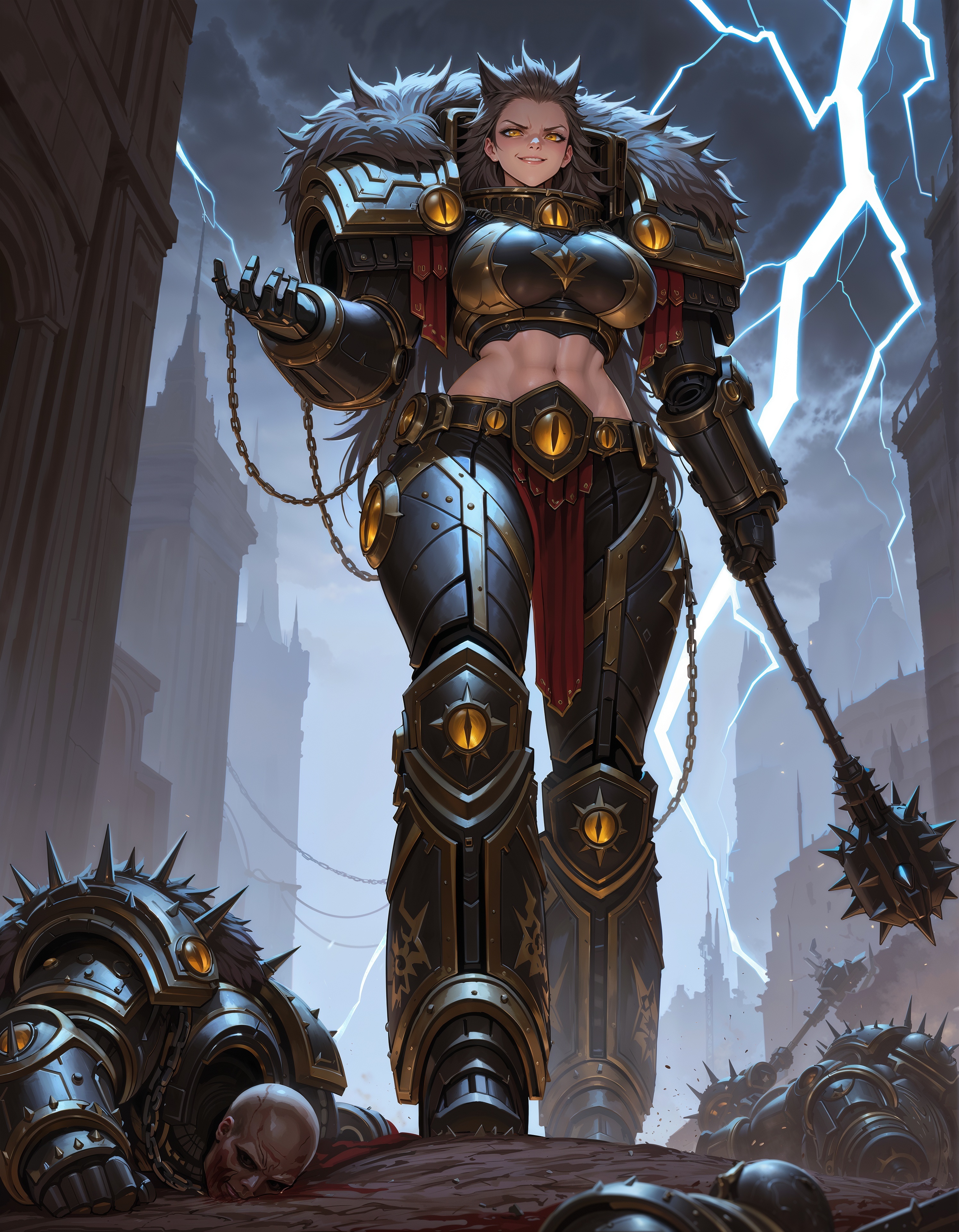 masterpiece, best quality,high quality, newest, highres,8K,HDR,absurdres, iLLHorusL40K, 1girl, spiky hair, very long hair, power armor, midriff, chains, holding a mace, lightning, yellow eyes, smirk, stepping on a corpse,  <lora:iLLHorusL40K:1>