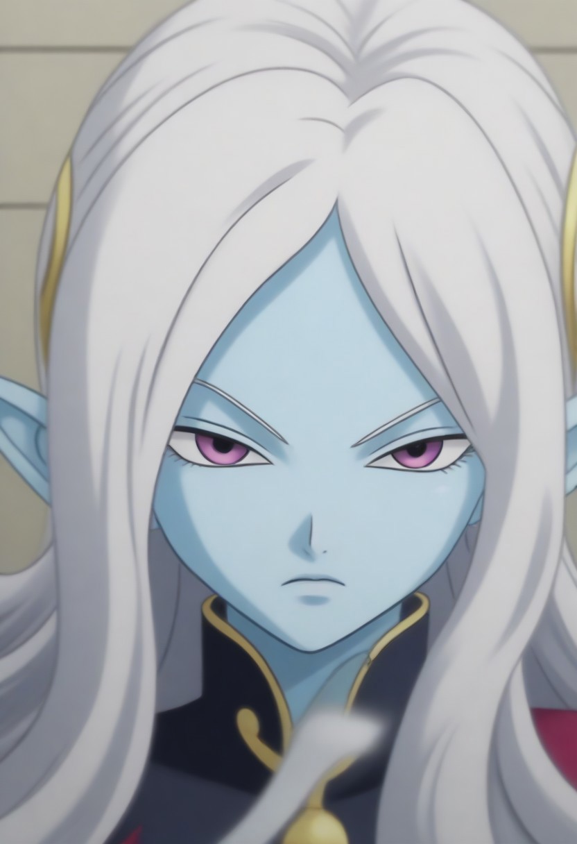 Masterpiece, Top Quality, source_anime, anime screencap, source_anime, auratheguillotine, anime screencap, masterpiece, source_anime, shiny skin,,,,towa(dragon ball), pointy ears, colored skin, blue skin, long hair, purple eyes,white hair, hair ornament, jewelry,