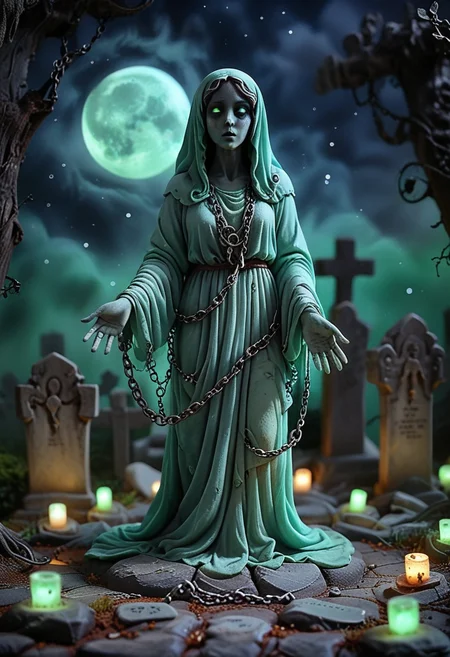 (medium full shot) of (eerie ghost) ethereal figure, transparent fading body, fading hands, glowing green eyes, bluish, semi-transparent, shimmering faintly with an eerie glow, vengeful, chains around its wrists, set in a desolate graveyard, with broken graves, mournful spirits, a chilling presence, during a full moon, amidst a thick fog, Masterpiece,best quality, very aesthetic