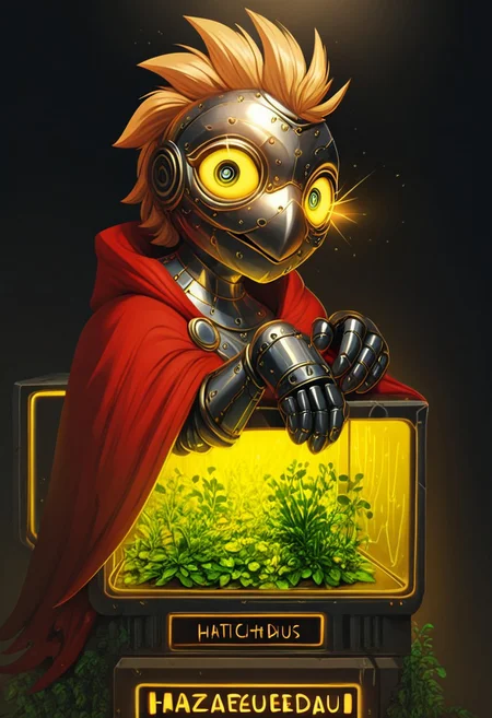 <lora:Zazu-a:1> hattiezazu, digital art, soft light, score_9, score_8_up, score_7_up, score_6_up, score_5_up, score_4_up, ornamental armor Armored  medieval knight, solo, [sphere glass futuristic glowing helmed with a green radioactive glow helmet: head shaped as glass sphere radioactive aquarium: 0.3], [glowing light inside the aquarium :0.3],BREAK red cloak, metal gloves, black background, hattiezazu, digital art, soft light, nuclearhazard, mult13y3, multiple eyes all over the armor, eyes, symmetrical, starting at the viewer