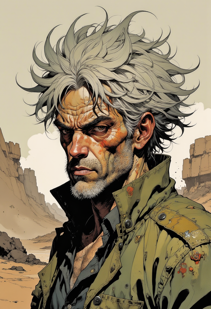 This image is a highly detailed, digital artwork depicting a close-up of a man's face. The subject has wild, spiky, gray hair that appears unkempt and disheveled, with strands sticking out in all directions. His skin is weathered and rugged, with a rough texture that suggests exposure to harsh elements. His face is lined with deep wrinkles, and his expression is intense and focused, with narrowed eyes and a furrowed brow. The man's skin is a mix of dark and light tones, with areas of sunburn and dirt, adding to the rugged appearance. He is wearing a tattered, olive-green military-style jacket with buttons and a visible pocket. The jacket is open, revealing a worn, dark shirt underneath. The background is a blend of muted, earthy tones, with splashes of brown and beige, giving a sense of a dusty, desert environment. The artwork uses a combination of light and shadow to create depth and texture, emphasizing the ruggedness and weathered appearance of the subject. The overall style is realistic with a focus on detailed textures and the use of light and shadow to enhance the character's rough and intense demeanor. Mangaka style