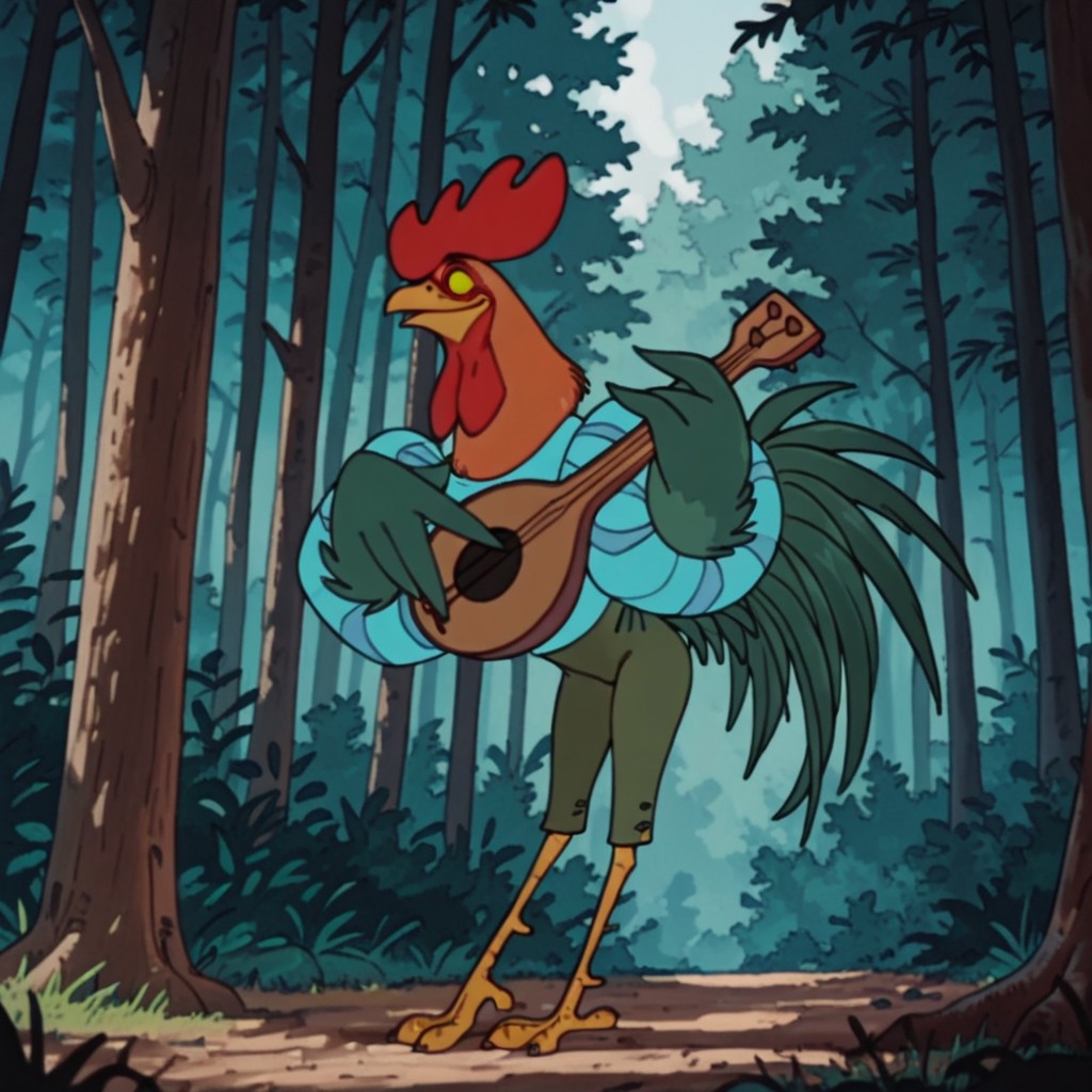 ((masterpiece, best quality, amazing quality,)) Alan-A-DaleRHil, semi-anthro, male, rooster, red comb, bird, green feathers, orange neck feathers, yellow sclera, black eyes, winged arms, blue striped shirt, puffy sleeves, green pants, green tail, standing in a forest, holding lute