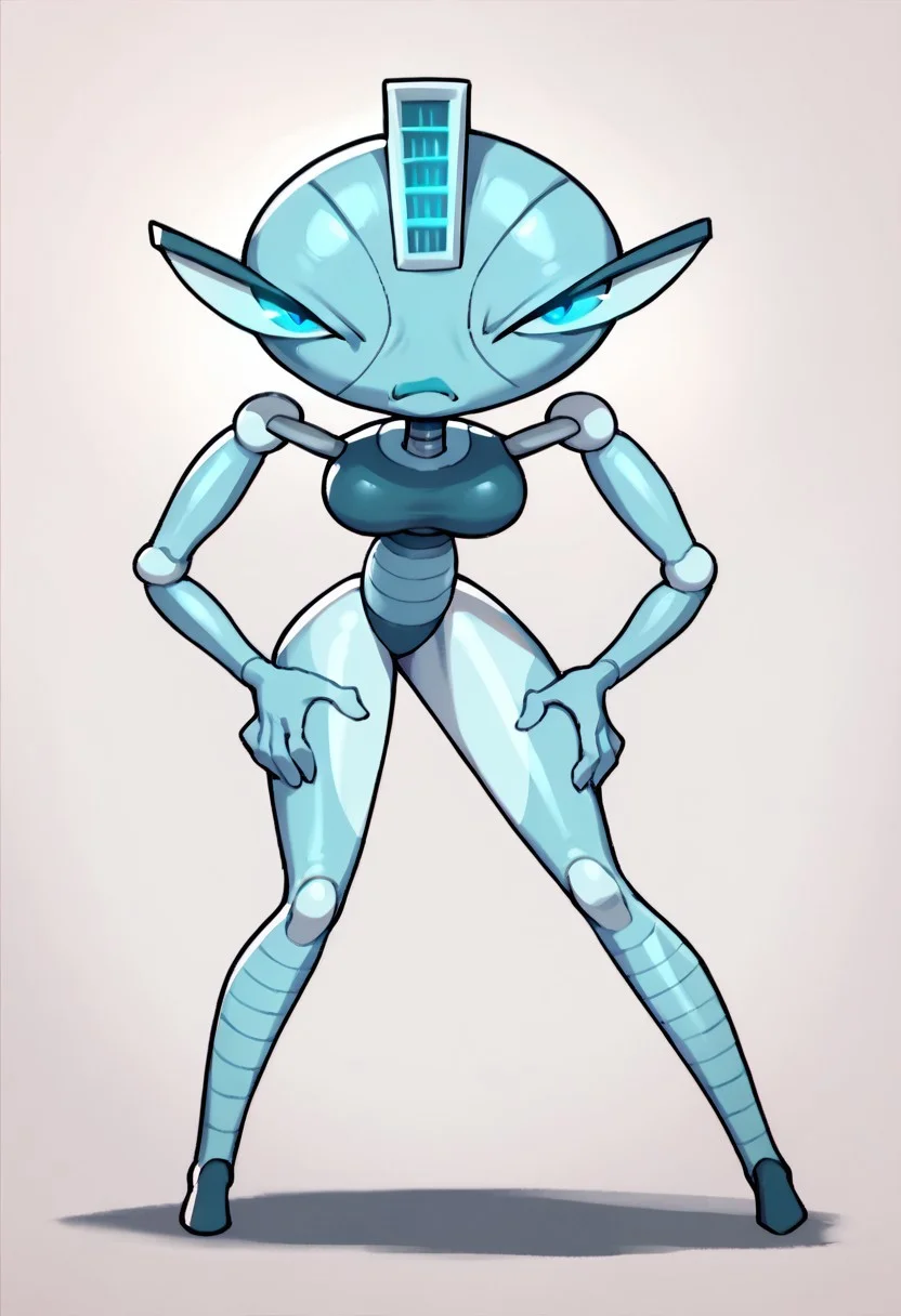 score_9, score_8_up, score_7_up BREAK MonaLethal, 1girl, robot girl, metal body, blue eyes, staring at viewer, angry, full body,