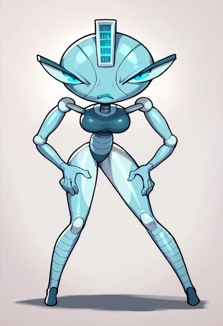 score_9, score_8_up, score_7_up BREAK MonaLethal, 1girl, robot girl, metal body, blue eyes, staring at viewer, angry, full body,