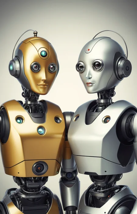 masterpiece,best quality,<lora:tbh69-sdxl:0.6>,illustration ,A style of two person group photo portrait of Housework robots