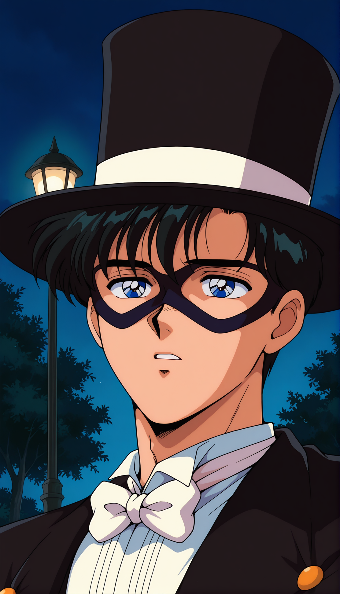 masterpiece,best quality,amazing quality,tuxedomask ill,1990s \(style\),1boy,male focus,solo,mask,hat,black hair,retro artstyle,outdoors,blue eyes,white bowtie,tree,top hat,lamppost,black headwear,parted lips,portrait,night,<lora:chibamamoru ill:0.8>,