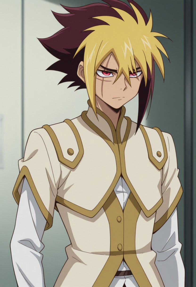 masterpiece,best quality,amazing quality, source_anime, 
Thomrclight, 1boy, male focus, solo, red eyes, scar across eye, multicolored hair, brown hair, blonde hair, shirt, white shirt, coat, brown coat, short over long sleeves,