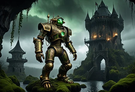giant bipedal robot brass and dirty green
striped paint, bronze paisley robot. lacy robot metal. diving helmet torso head. outside of a steampunk keep. large detailed torso. dark image. one forty foot tall ancient robot with great arms and two heavy spring legs. dark foggy night background. $dark foggy night image only. dark photo realistic image. steampunk details. cogs, chains and pipes incorporated in the fantasy buildings. magic wizards tower in background. Dark swamp, moss, castle ruins, wizards tower. stormy dark night. stormy sky. rain.