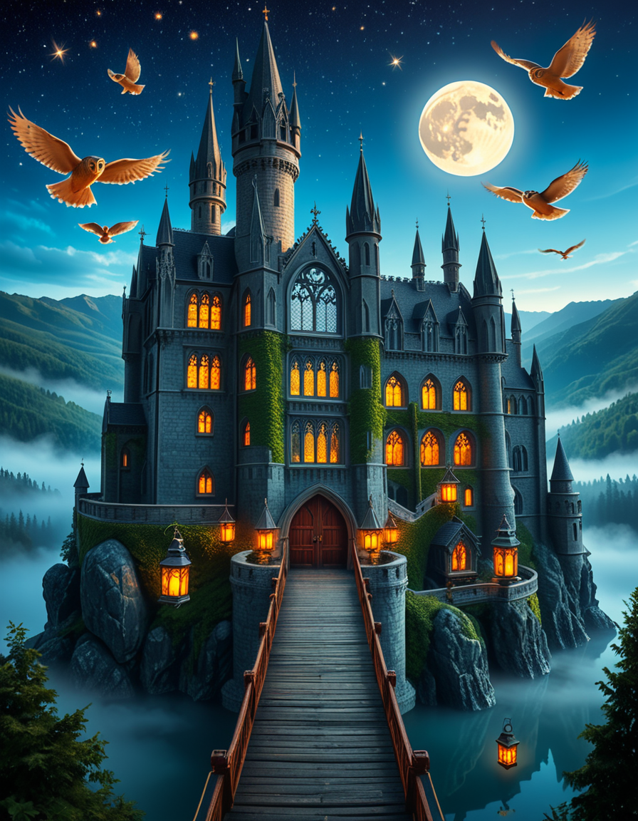 A majestic, ancient castle perched on a rocky hill, serving as a prestigious school for young wizards. The castle is a grand structure with towering spires, intricate gothic architecture, and large stained-glass windows that glow with magical energy. The stone walls are covered in ivy, and enchanted lanterns float around the entrance, casting a soft, mystical glow. A massive wooden bridge leads to the main gate, suspended over a misty, enchanted lake that reflects the moonlight. In the background, rolling green hills and dense, fog-covered forests surround the school, adding an air of mystery. The sky is a deep twilight blue, with stars twinkling and a full moon shining brightly. Some windows in the castle emit warm, golden light, hinting at classrooms filled with spellbooks and students practicing magic. A few owls are seen soaring above, delivering messages. The atmosphere is magical, mysterious, and full of wonder, as if the castle itself is alive with enchantments.
<lora:SDXLFaeTastic2400:0.4> <lora:extremely_detailed:0.4> extremely detailed, <lora:ancient_c4stl3:1>,ancient c4stl3, Masterpiece,best quality,hi res,8k,hi res,8k,award winning,(sharp focus, intricate, highly detailed),
