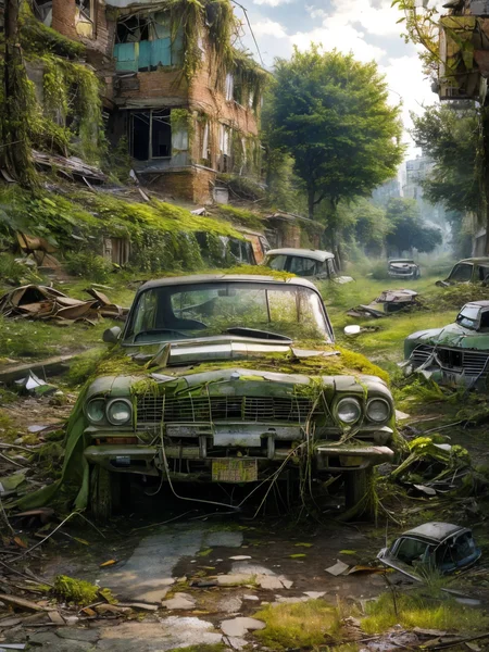 A close-up, photorealistic shot of a post-apocalyptic street focusing on decay and nature's reclamation. An ((abandoned car)) with vines sprouting from its crevices, cracked asphalt with tufts of grass, and weathered building facades covered in moss and fading graffiti. Soft, diffused lighting creates a sense of tranquility amidst the decay.
<lora:add_detail:1> <lora:Wasteland:1> Wasteland
