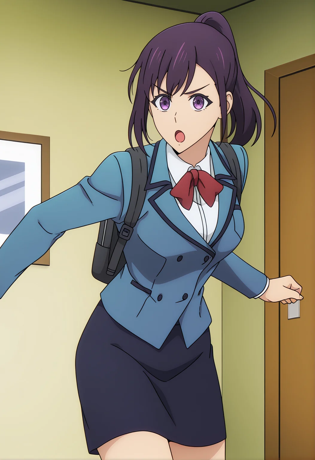 <lora:Sung Jin ah_illustrious-000038:1>,
Sung Jin-ah,solo,open mouth,looking at viewer,red bowtie,blue jacket,shirt,anime coloring,white shirt,upper body,indoors,bag,parody,backpack,:o,v-shaped eyebrows,dark blue skirt,cowboy_shot