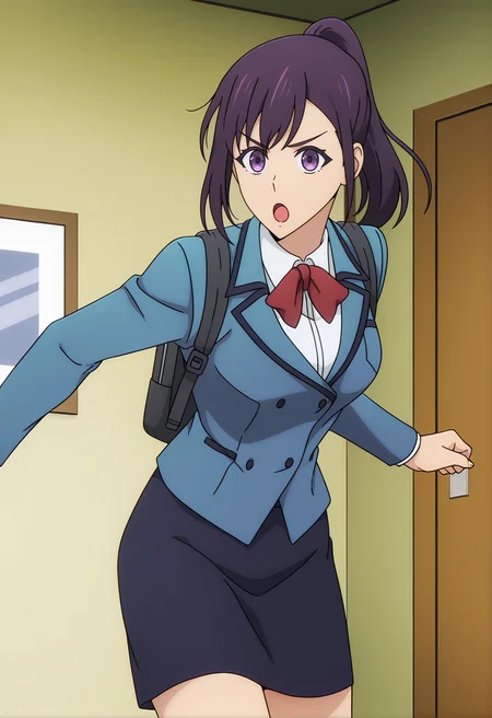 <lora:Sung Jin ah_illustrious-000038:1>,
Sung Jin-ah,solo,open mouth,looking at viewer,red bowtie,blue jacket,shirt,anime coloring,white shirt,upper body,indoors,bag,parody,backpack,:o,v-shaped eyebrows,dark blue skirt,cowboy_shot