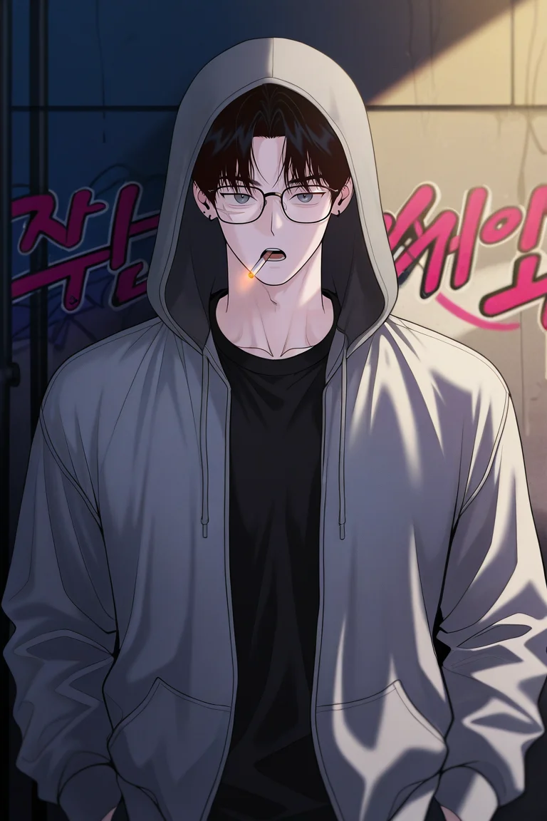 masterpiece, best quality, amazing quality, very aesthetic, high resolution, ultra-detailed, absurdres, newest, scenery, volumetric lighting, depth of field,anime screencap, , , 1boy, solo, male focus,<lora:yoonwon:0.73>,goo yoon won,black hair,grey eyes,short hair,parted bangs,scar,scar on face,looking at viewer,shirt, open mouth, long sleeves, jewelry, upper body,black shirt, earrings,right ear bare,piercing, food, glasses, hood, hoodie, mouth hold,cigarette, hood up,grey hoodie, graffiti,night,mature