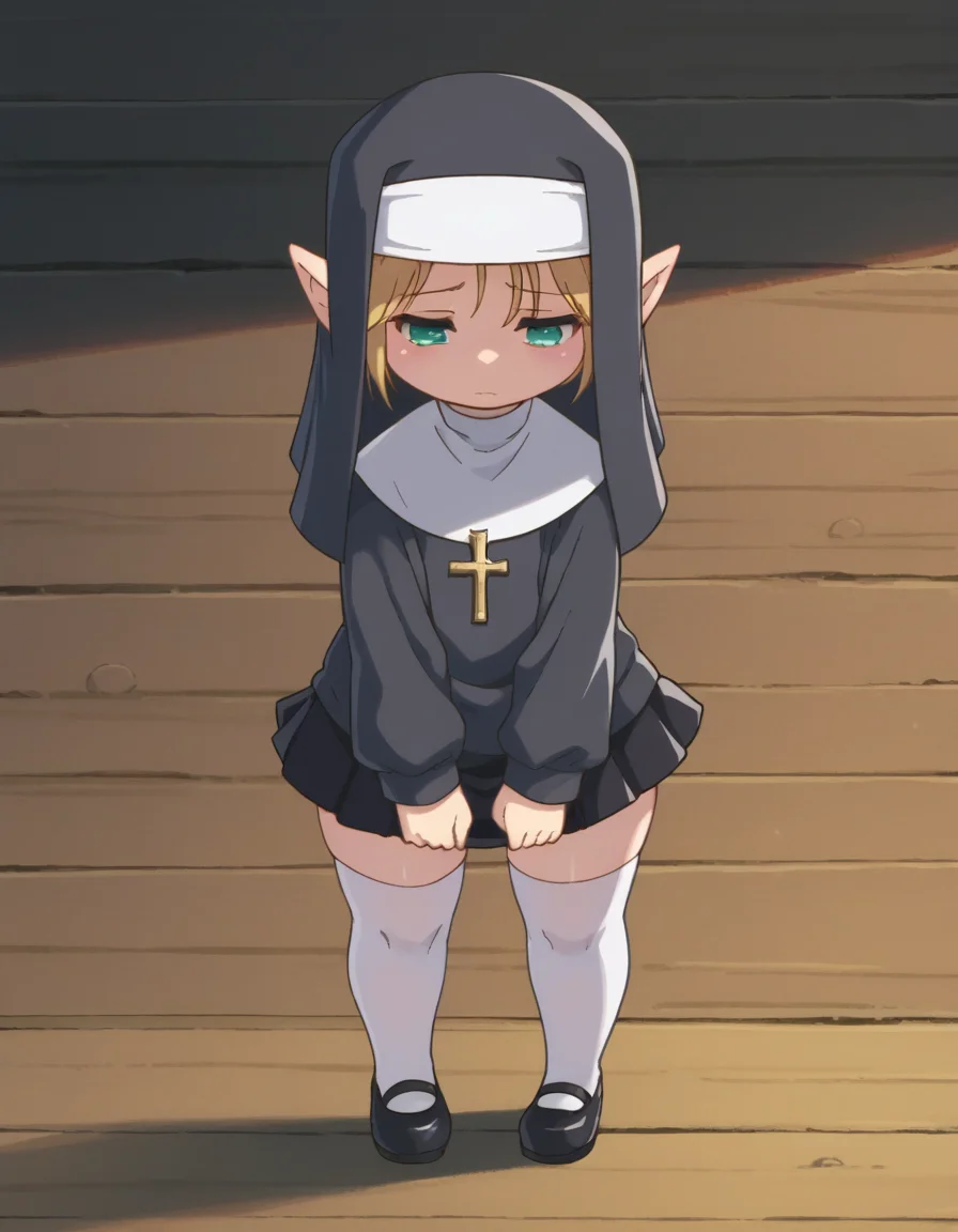 zPDXL, score_9, score_8_up, score_7_up, source_anime,
1girl, solo, sad, (bending over), nun wearing grey habit with a veil and long-sleeves, mini skirt, white stockings, traditional nun's coif, black leather shoes, holding a wooden cross, <lora:Lalafell_v2-10:1> lalafell, pointy ears, shortstack, flat chest, (portrait), <lora:KobayashiDragonPack:1> drgmd , (fish-eye lens),
