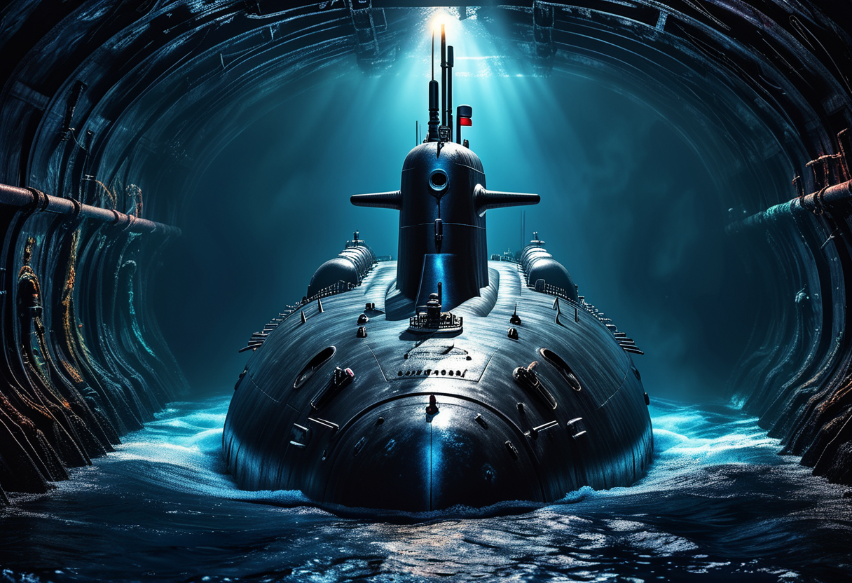 award winning, (professional photo) of (retro-futuristic gigantic navy-blue submarine) with reinforced-steel hull, turbo-electric engines,   the submarine is navigating through  a haunting underwater vent, with dark waters, glowing lava, hidden creatures, silent beauty , , creative, beautiful, vibrant, masterpiece, 64k, UHD, HDR, full view, atmospheric lighting, extremely detailed