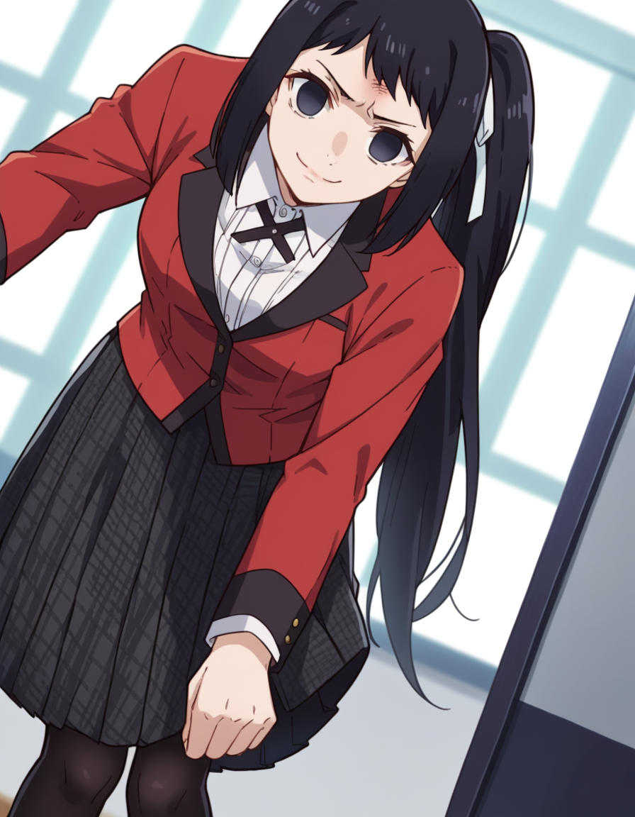score_9, score_8_up, score_7_up, source_anime, <lora:sayaka-igarashi-s2-ponyxl-lora-nochekaiser:1>, sayaka igarashi, long hair, black hair, hair ribbon, ponytail, black eyes, empty eyes, side ponytail,, skirt, shirt, school uniform, jacket, white shirt, pantyhose, pleated skirt, collared shirt, black pantyhose, blazer, red jacket,, indoors, bent over, smile, smug, looking at viewer, solo,, cowboy shot, dutch angle