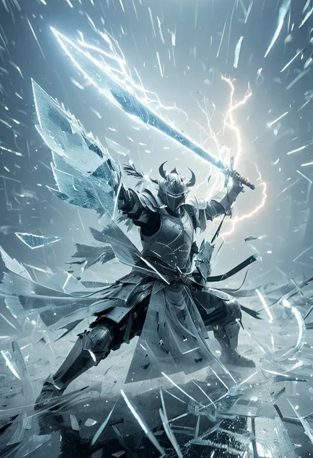 1man, armored samurai, Incoming sword, broken glass, reflection, glowing lightning slash, shatter, holding sword, glowing sword, motion blur, emphasis line, outdoor in the darkness, looking viewer,