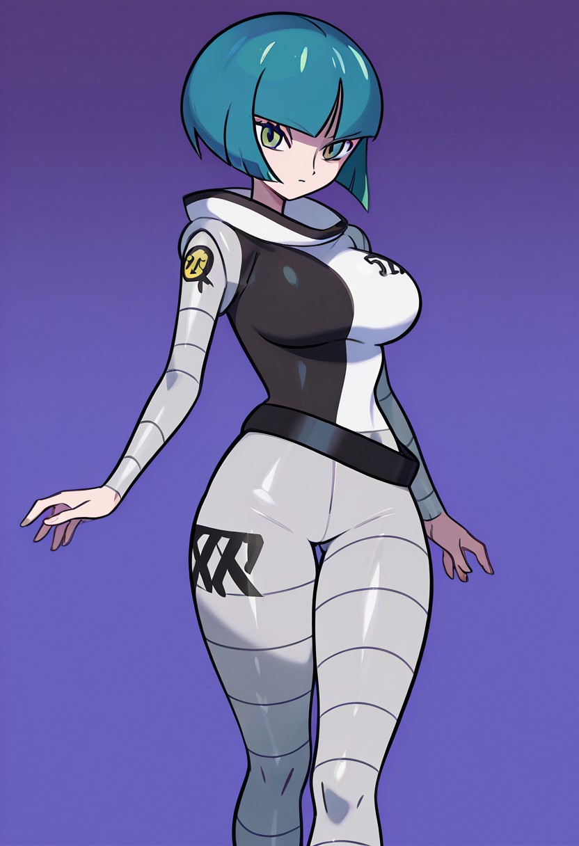 score_9,score_8_up,score_7_up,score_6_up,score_5_up,score_4_up,BREAKmasterpiece, hyper detailed, best quality, insanely detailed, high quality, exquisite, detailed, beautiful, ultra detailed,
score_9, score_7_up BREAK  <lora:pkmntgg-pdxl-nvwls-v1:0.8> pmtgg, Blue Hair,short hair, blunt bangs, green eyes, large breasts,black and white dress, two-tone dress, grey bodysuit, bodysuit under clothes, grey pants,
in Take+sugimori ken style,