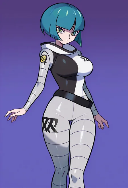 score_9,score_8_up,score_7_up,score_6_up,score_5_up,score_4_up,BREAKmasterpiece, hyper detailed, best quality, insanely detailed, high quality, exquisite, detailed, beautiful, ultra detailed,
score_9, score_7_up BREAK <lora:pkmntgg-pdxl-nvwls-v1:0.8> pmtgg, Blue Hair,short hair, blunt bangs, green eyes, large breasts,black and white dress, two-tone dress, grey bodysuit, bodysuit under clothes, grey pants,
in Take+sugimori ken style,