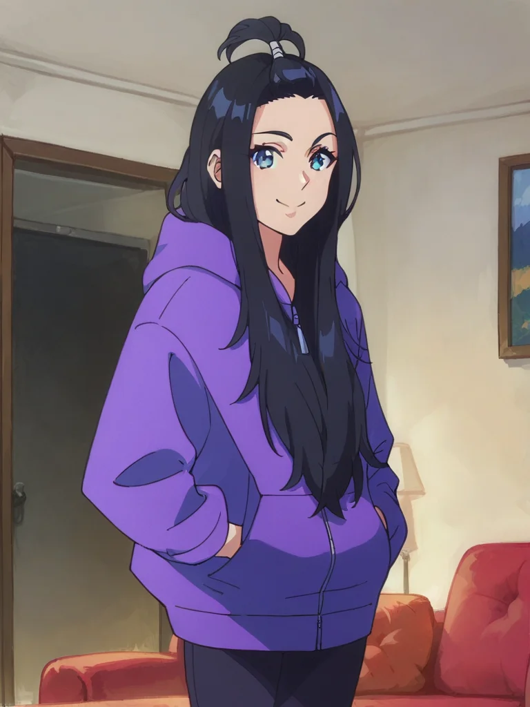 score_9, score_8_up, score_7_up,  
1girl, zenshu, black hair, long hair, tied bangs,  smile, purple hoodie, hands in pockets, indoors, bedroom, looking at viewer, hood up, hood,