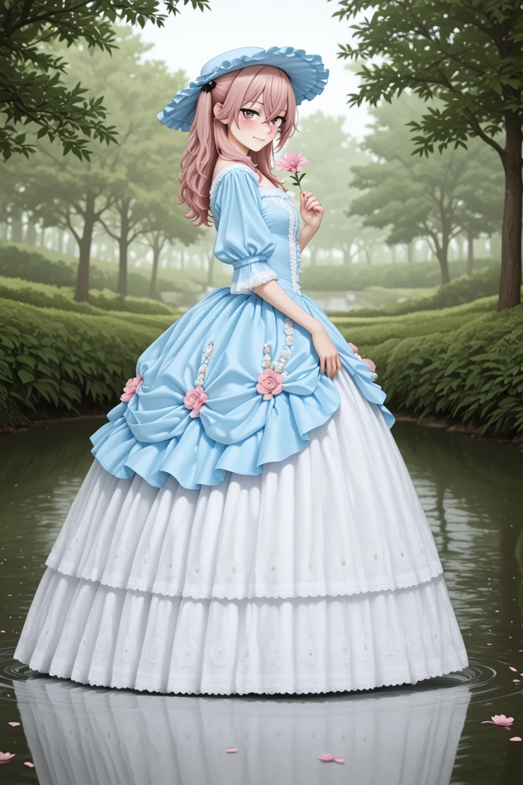 masterpiece, best quality, amazing quality, 1girl, solo, makeup, general, looking at viewer, blush, full body, serene smile, delicate features, ethereal beauty, elegant pose, gently scattering flower petals, serene expression, soft smile, daytime, lakeside, calm water, reflections of sky and trees, scattered petals on water, vibrant colors, dreamy atmosphere, fantasy vibe, nature harmony, fancy, blush, lovely, holding flower, from side, <lora:sajuna-inui-s1-illustriousxl-lora-nochekaiser:1>, sajuna inui, inui sajuna, long hair, bangs, hair ornament, hair between eyes, pink hair, pink eyes, two side up, crossed bangs, mature female, small breasts, <lora:Blue_Rococo_Style_Vintage_Masquerade_Dress:1>, Blue_Rococo_Style_Vintage_Masquerade_Dress, white dress, blue dress, gown, long dress, blue headwear, bonnet, frills, lace trim, lace, short sleeves, puffy sleeves, floral print, <lora:wai-2Rectified-V140:1>, <lora:illustrious_noobai_epsilon_pred_1_masterpieces_v1:1>