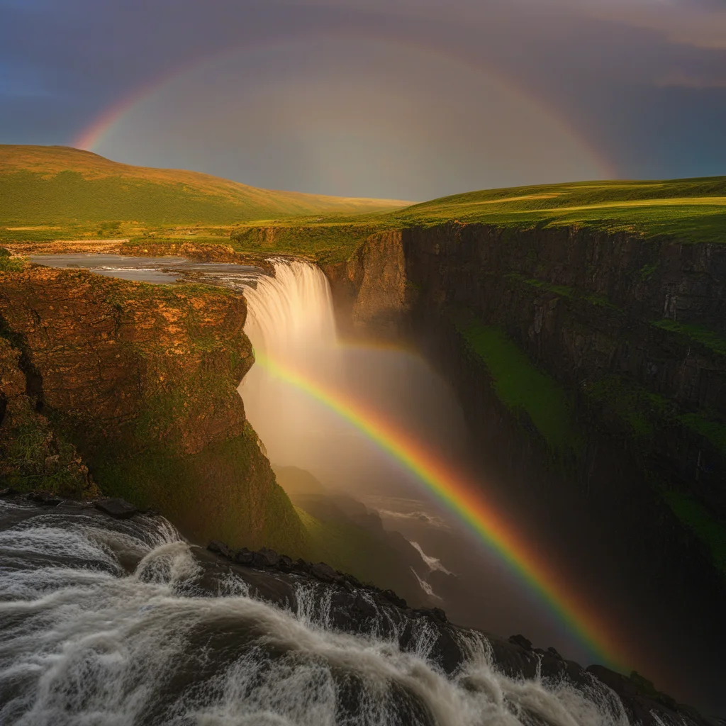 rock, sky, nature, sunset, reflection, waterfall, mountainous horizon, water, cloudy sky, rainbow