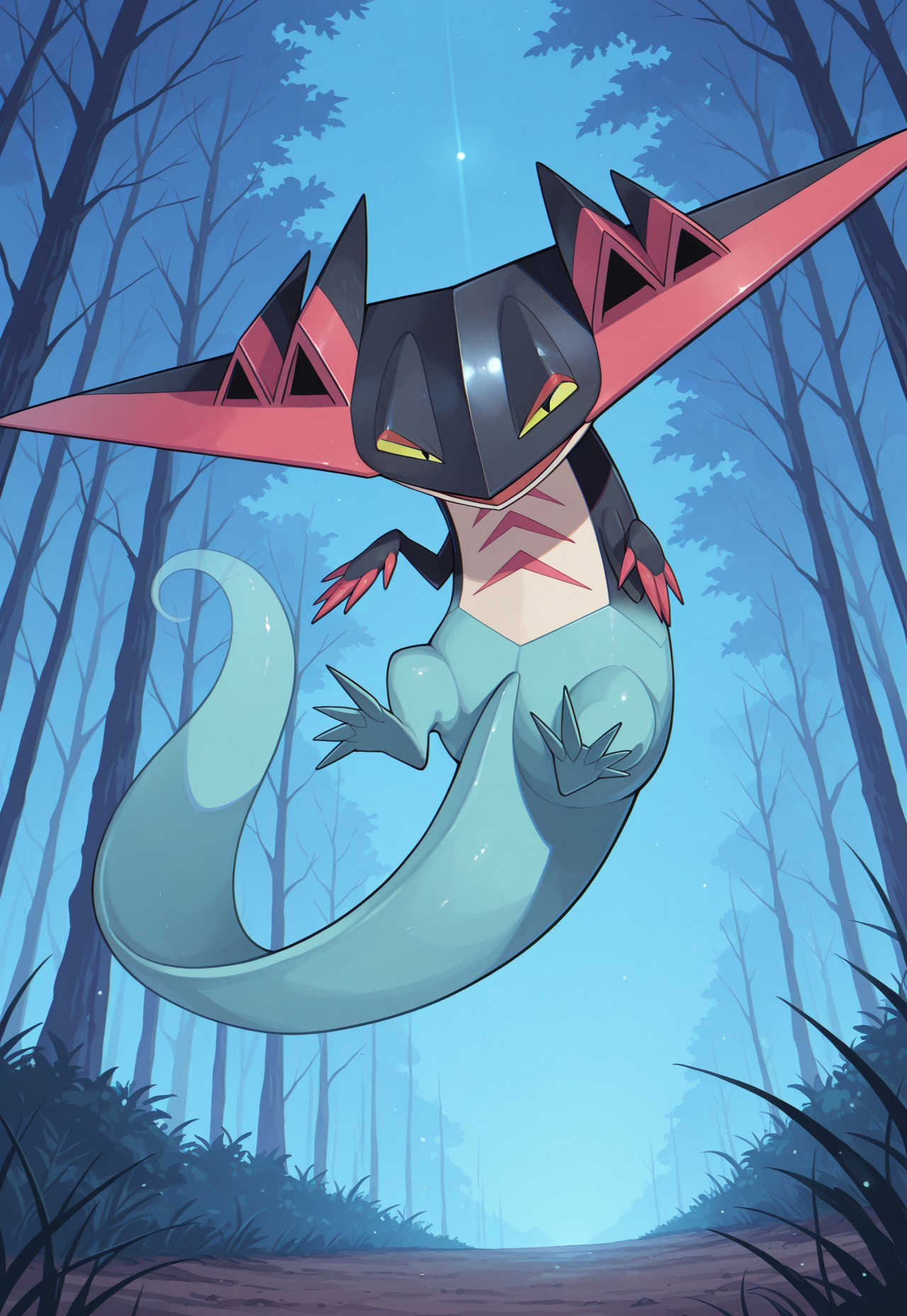 score_9, score_8_up, score_7_up, masterpiece, best quality, very aesthetic, absurdres, amazing quality, high resolution, ultra-detailed, volumetric lighting, newest, scenery, perspective, PKMN_Dragapult, 1other, solo, pokemon focus, aqua skin, black eyes, yellow sclera, long tail, see-through body, red claws, red body markings, night, forest