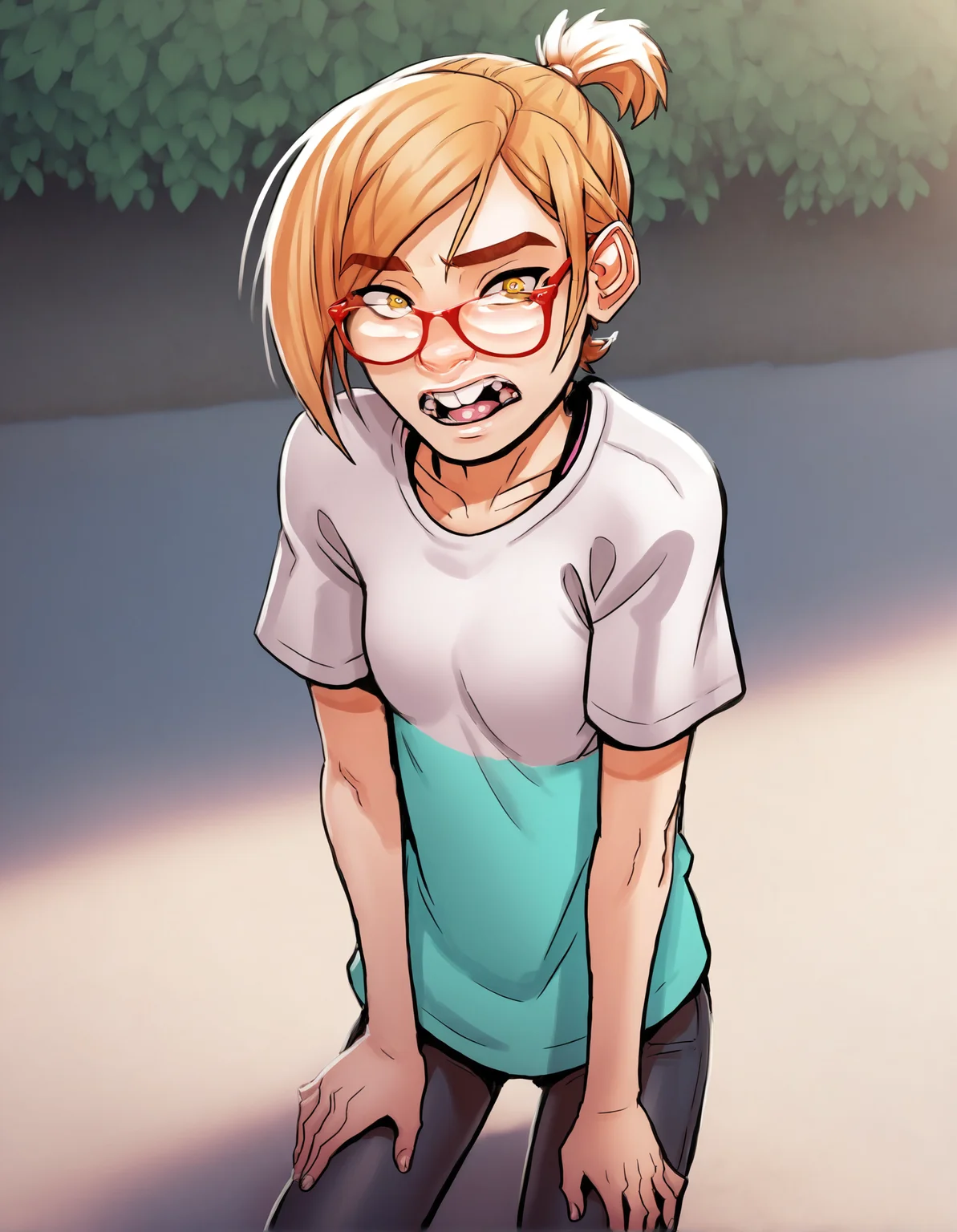 darcy, glasses, 1girl, short hair, blonde hair,yellow eyes,short ponytail, teeth, looking at viewer, small breasts, solo,shirt, pants, outdoors,hand in hair, looking at viewer, cowboy shot, score_9, score_8_up, score_7_up, score_6_up, score_5_up, score_4_up,<lora:Darcy2.0Pony (1):1>,upper body, open mouth, hands on knees,