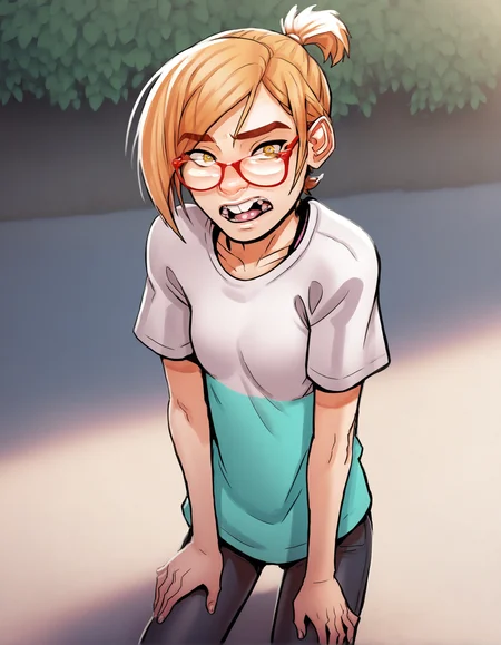 darcy, glasses, 1girl, short hair, blonde hair,yellow eyes,short ponytail,   teeth, looking at viewer, small breasts, solo,shirt, pants, outdoors,hand in hair, looking at viewer, cowboy shot, score_9, score_8_up, score_7_up, score_6_up, score_5_up, score_4_up,<lora:Darcy2.0Pony (1):1>,upper body, open mouth, hands on knees,