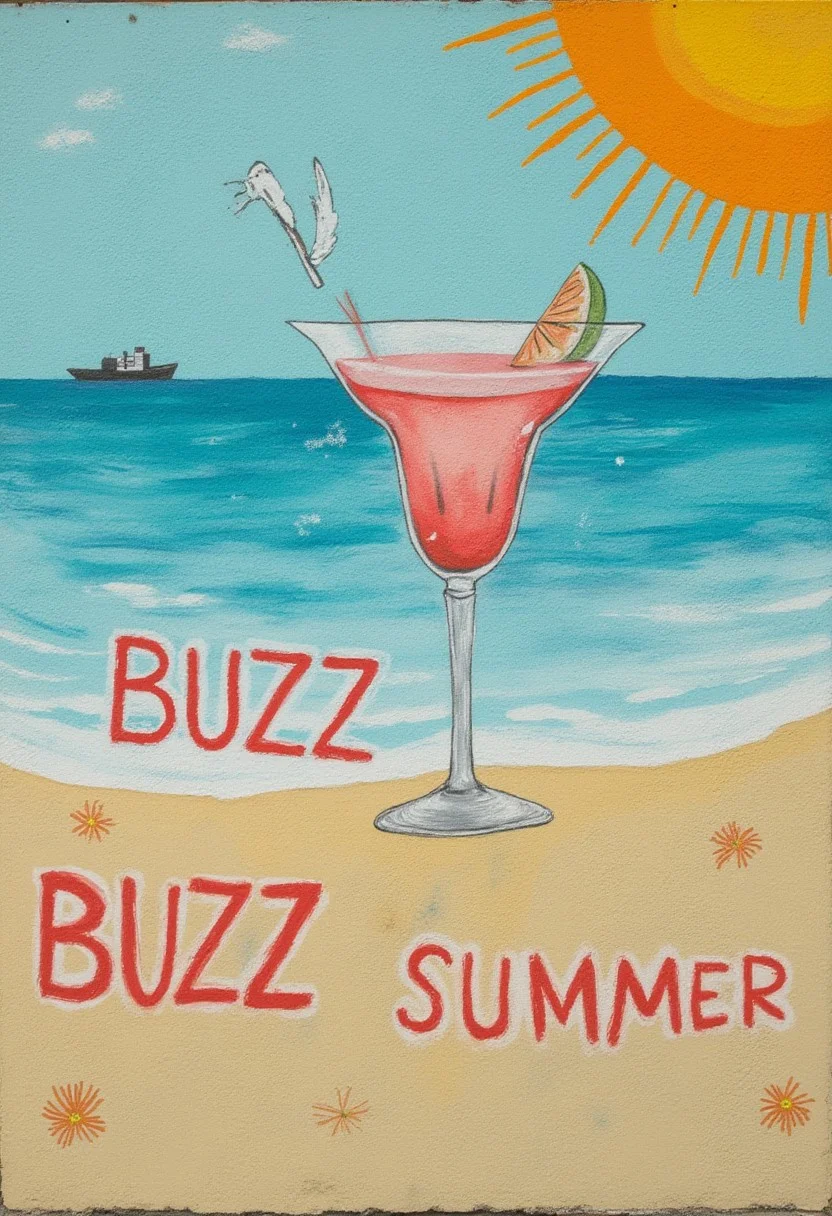 k3c4 style art, walled painting,
beach, cocktail drink,
the text on the sand reads "BUZZ BUZZ SUMMER"