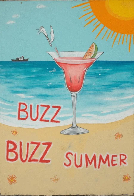 k3c4 style art, walled painting,
beach, cocktail drink,
the text on the sand reads "BUZZ BUZZ SUMMER"