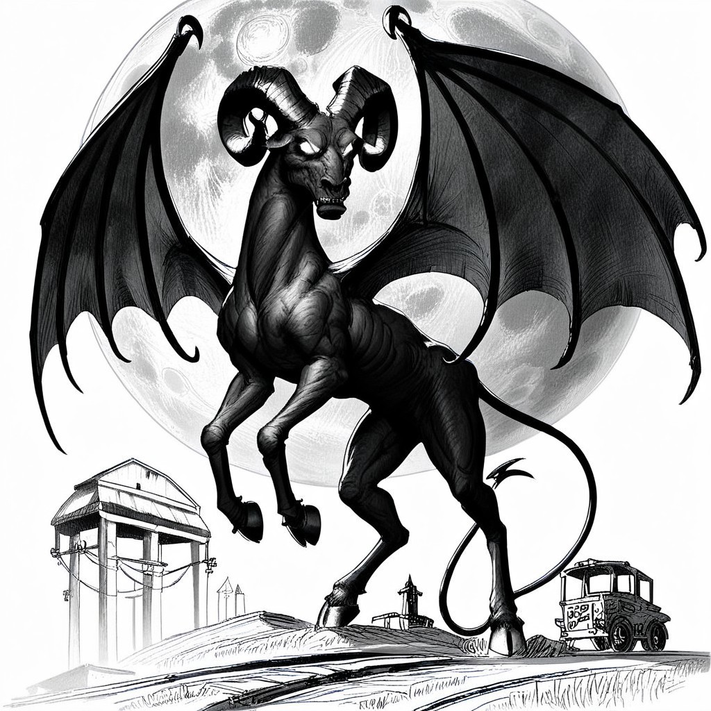 Score_7_up, score_8_up, csr style,full body, jerseydevil, monster, wings, long tail, full body, curled horns, feral, black skin, blank eyes, white eyes, hooves, farmland, nighttime, full moon, monochrome, black and white