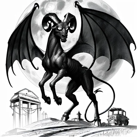 Score_7_up, score_8_up, csr style,full body, jerseydevil, monster, wings, long tail, full body, curled horns, feral, black skin, blank eyes, white eyes, hooves, farmland, nighttime, full moon, monochrome, black and white