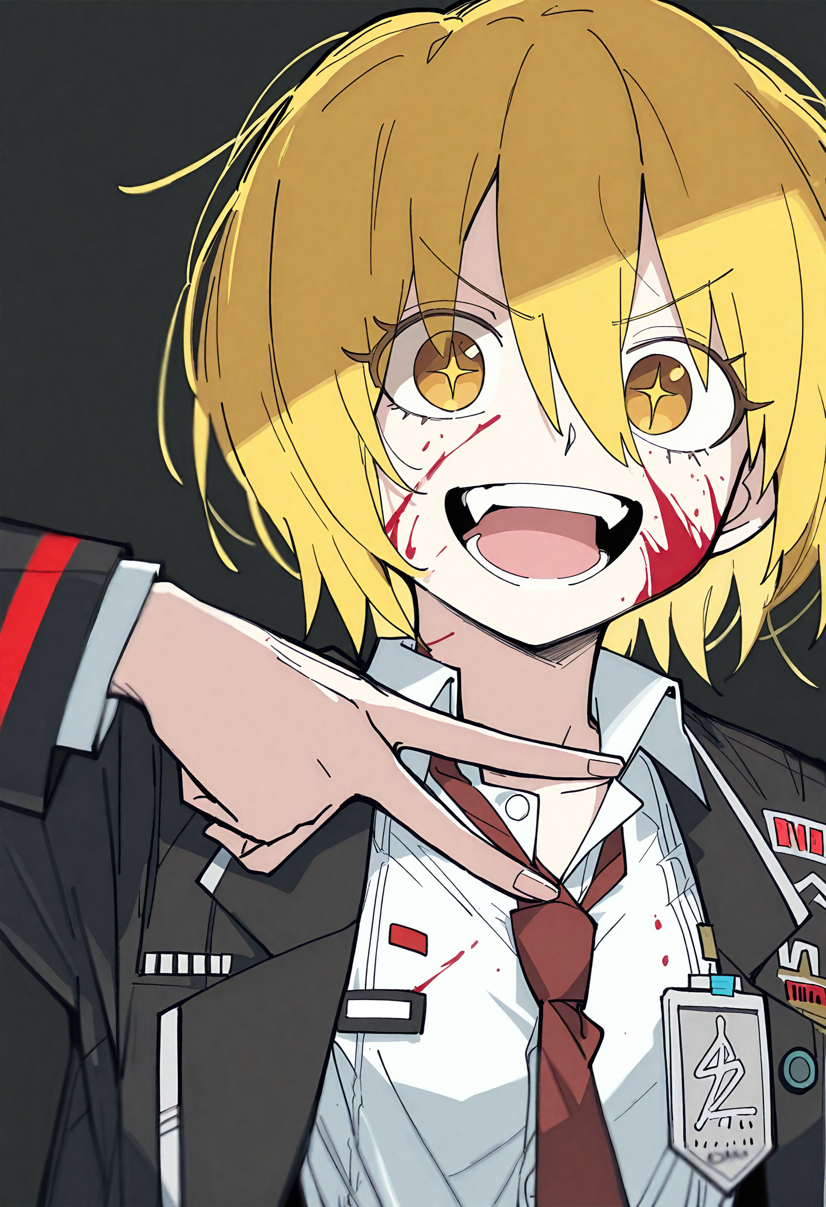 <lora:dagashiya_ai_art:0.8>,
<lora:doramukann:0.8>,
<lora:g0thicILL:0.8>, g0thic, neon,
 don_quixote \(project moon\),blonde hair,yellow eyes,flat_chest,
[[artist:yoneyama mai], kankan33333, [[artist:ciloranko]], [artist:sho {sho lwlw}]],1girl,solo,looking at viewer,pose,
collared shirt,jacket,necktie,upper body,v,happy,blood on face,
simple background,best quality,amazing quality,very aesthetic,absurdres,