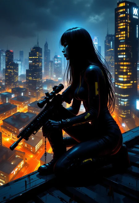 inksketch,  Silhouette Art, breathtaking detailed, masterpiece, awe-inspiring, radiant, magnificent. silhouette of stunning oriental woman, long hair, wearing black bodysuit with yellow accents, helmet, holding sniper rifle, aiming rifle, kneeling on roof of sci-fi skyscraper at night against a backdrop of a neon-lit city, chiascuro, perfect hands