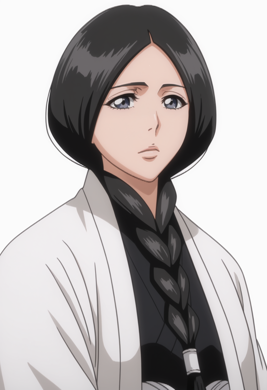 score_9, score_8_up, score_7_up, source_anime, BREAK, white background,  1girl, solo, <lora:DX888Retsu:1>, unohana retsu,   black hair, single braid, black hakama, white haori